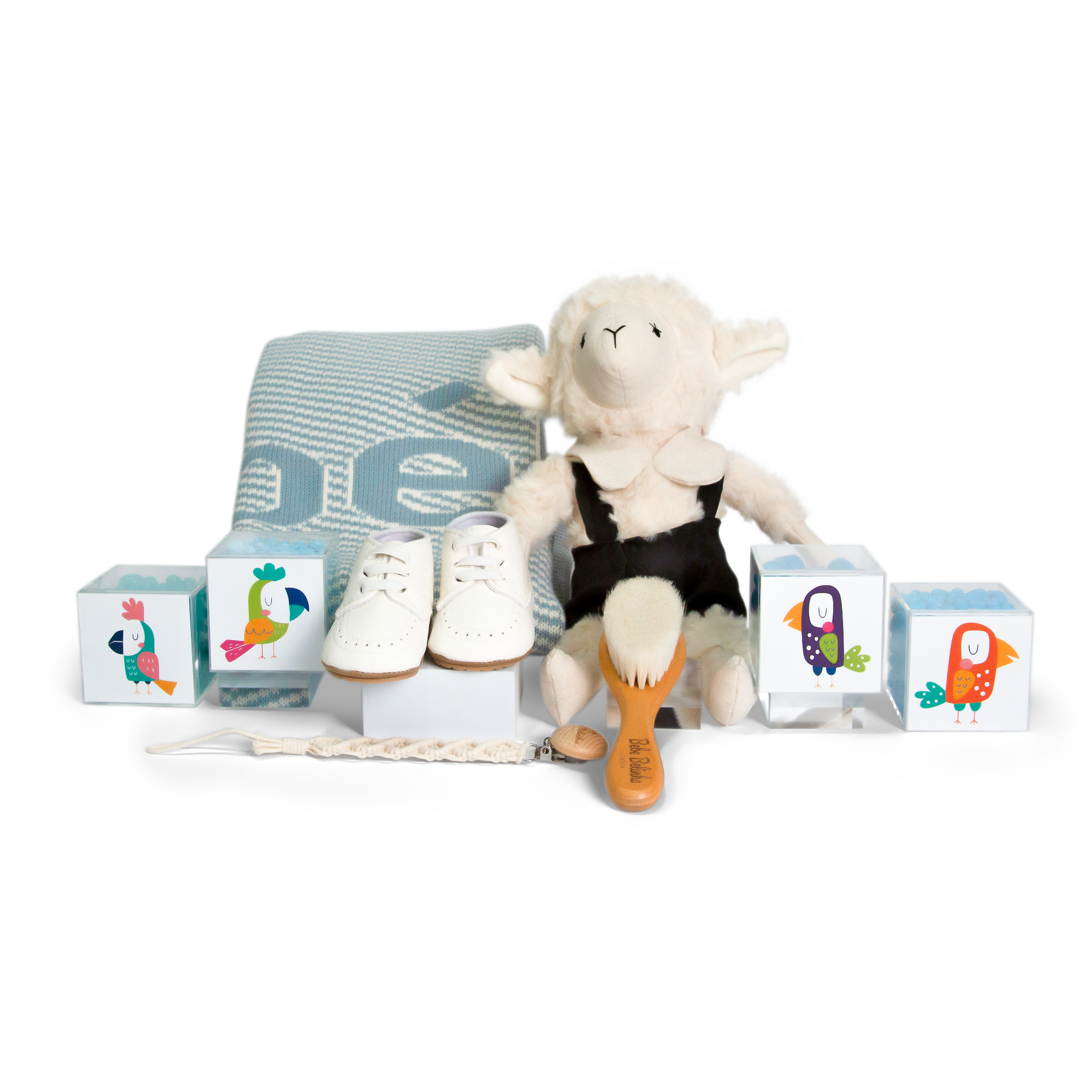 Luxury baby gift box with plush sheep, blanket, pacifier clip, booties, brush, and candies — The POP Little Dreamer Baby Box