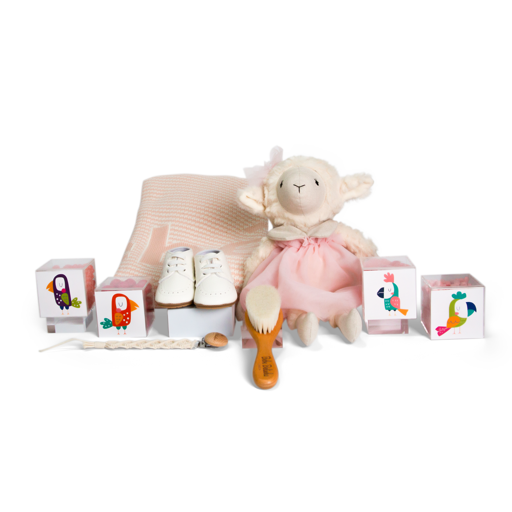 Luxury baby gift box with plush sheep, blanket, pacifier clip, booties, brush, and candies — The POP Little Dreamer Baby Box