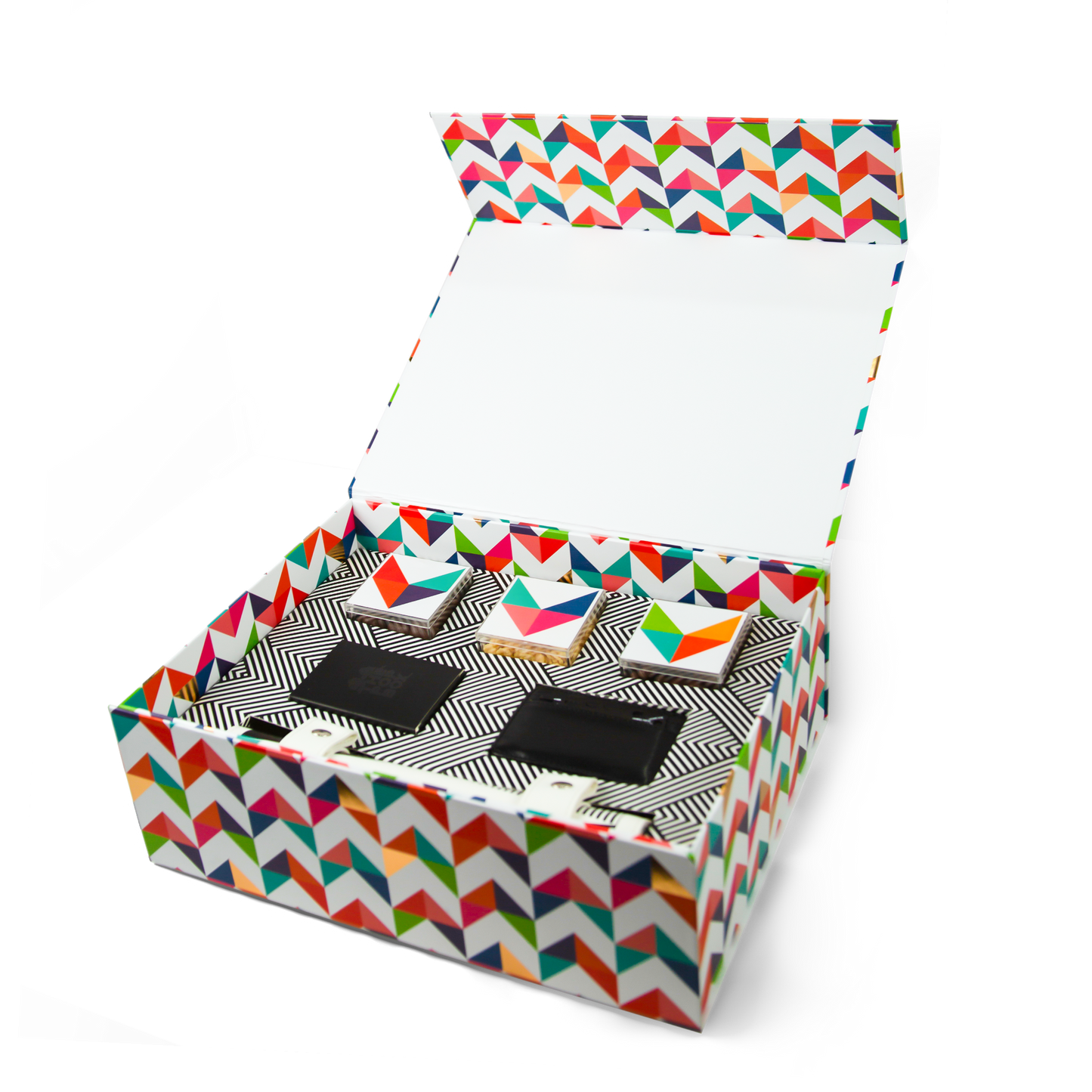 Luxury men’s gift box with premium games, gourmet chocolates, and minimalist wallet — The Pop Box