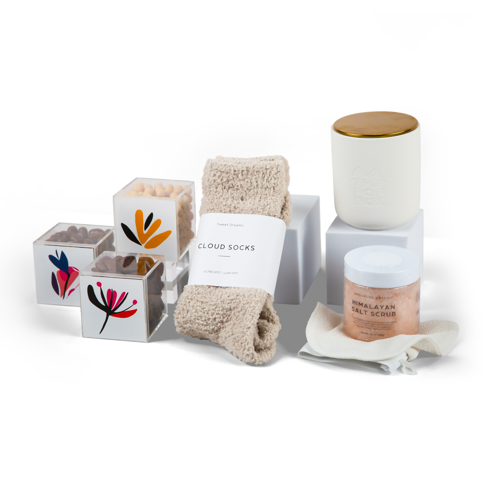 Luxury women’s gift box with candle, cozy socks, chocolates, body scrub, and glove — The POP Serenity Women’s Box