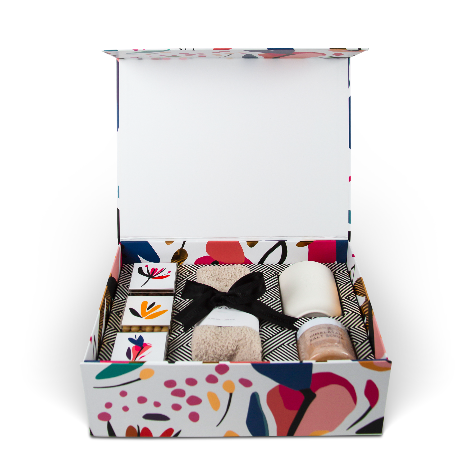 Luxury women’s gift box with candle, cozy socks, chocolates, body scrub, and glove — The POP Serenity Women’s Box
