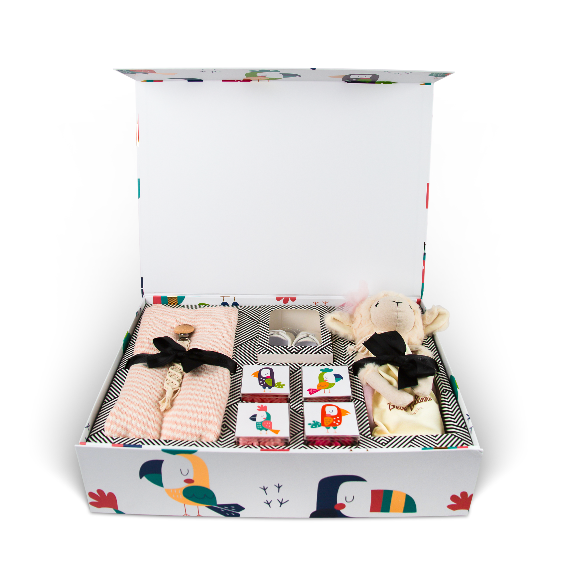 Luxury baby gift box with plush sheep, blanket, pacifier clip, booties, brush, and candies — The POP Little Dreamer Baby Box