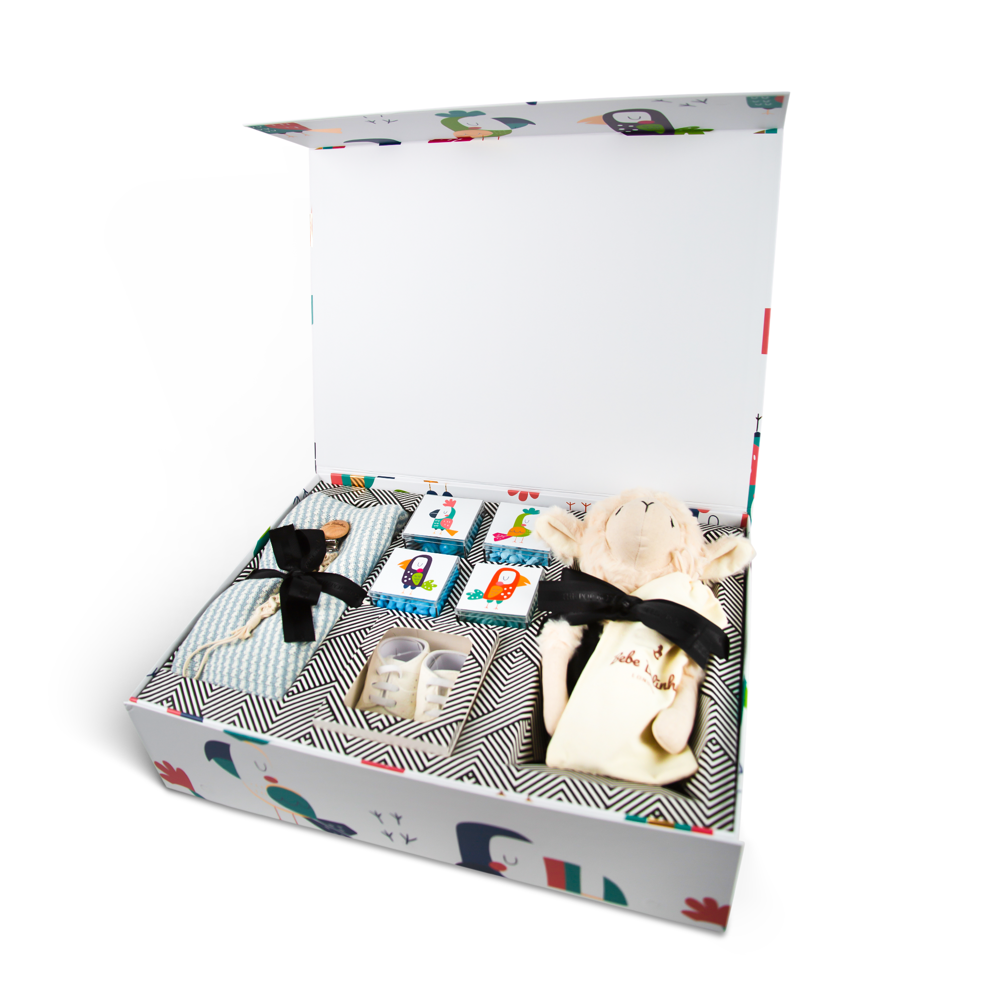 Luxury baby gift box with plush sheep, blanket, pacifier clip, booties, brush, and candies