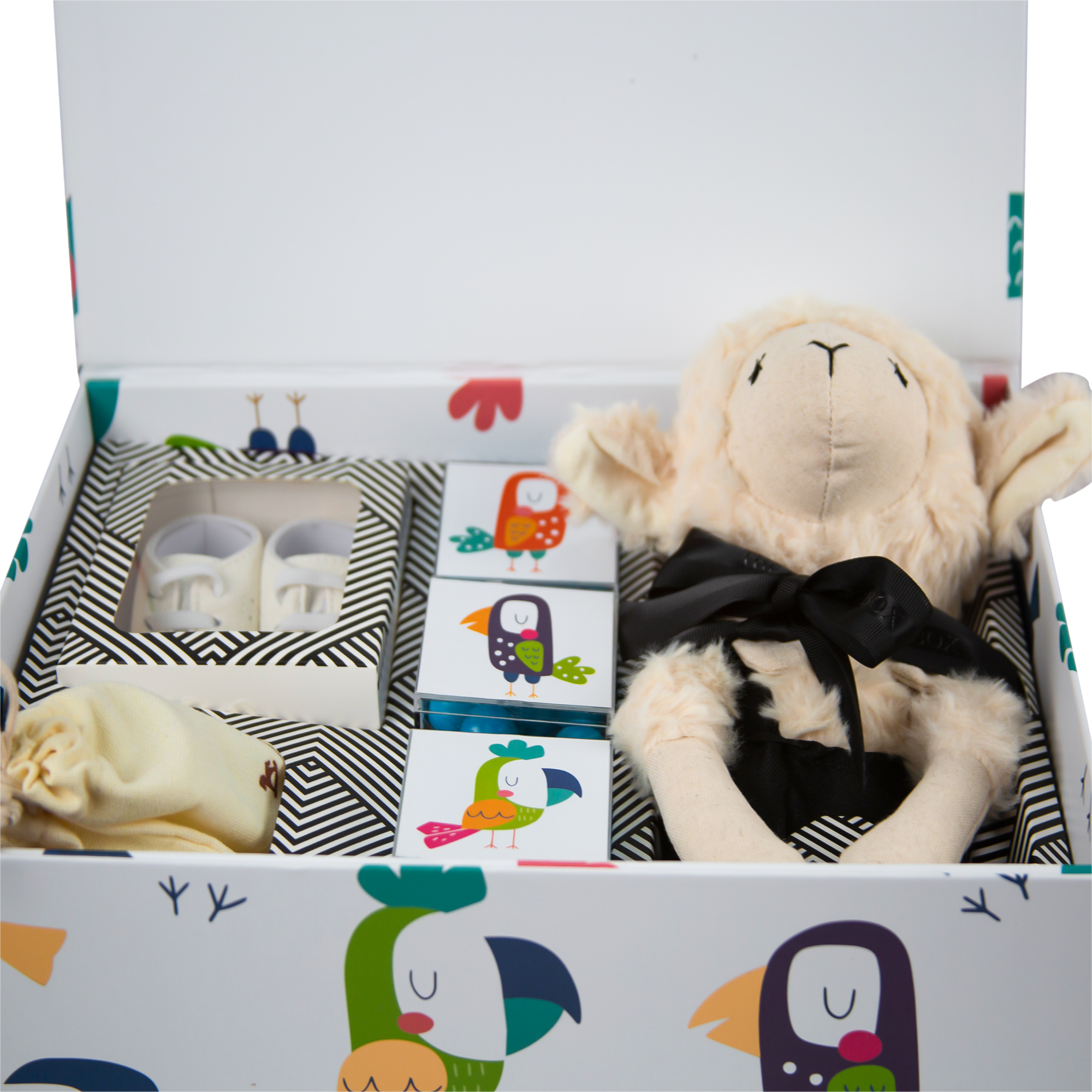 Luxury Baby Gift Box with Plush Sheep, Booties, Soft Brush, and Gourmet Candies.