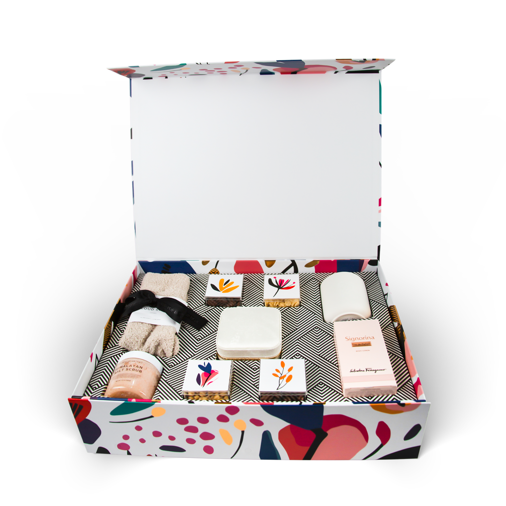 Luxury women’s gift box with scented candle, skincare, chocolates, cozy socks, and travel jewelry case — The POP Serenity Women’s Box