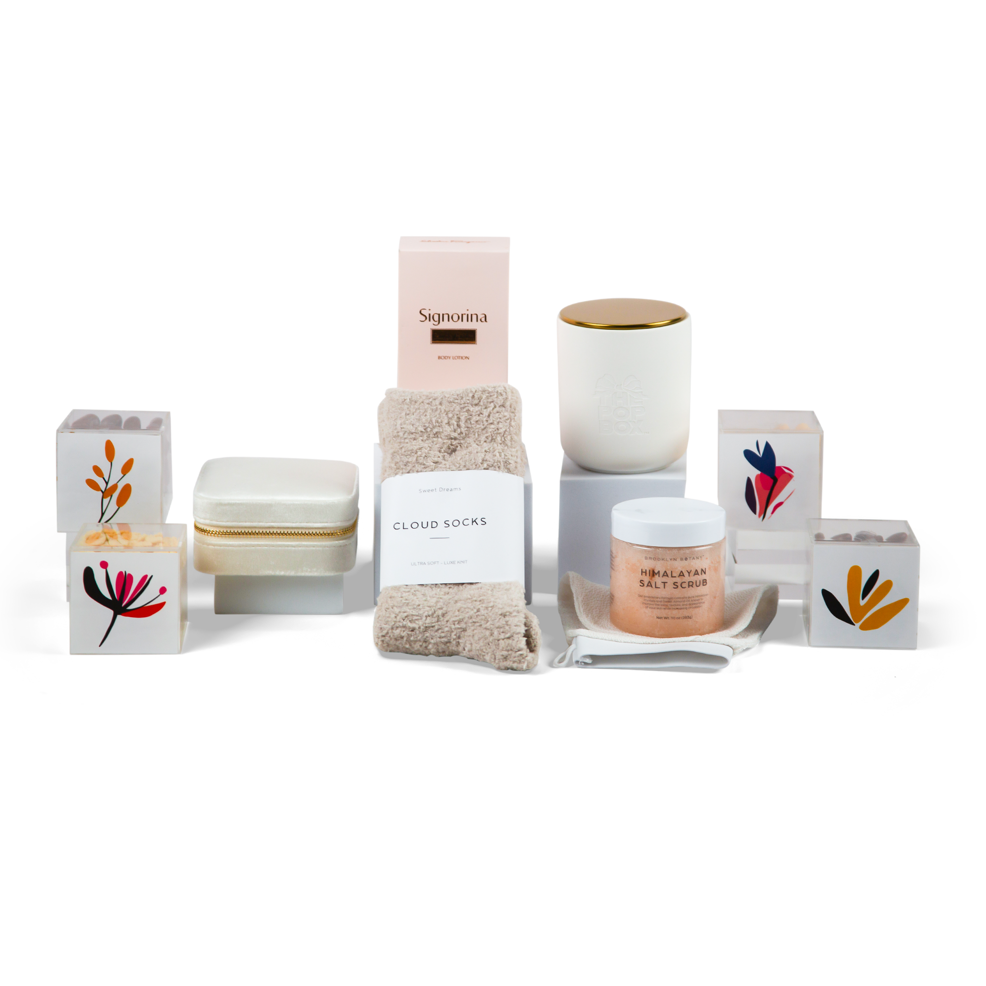 Luxury women’s gift box with scented candle, skincare, chocolates, cozy socks, and travel jewelry case — The POP Serenity Women’s Box