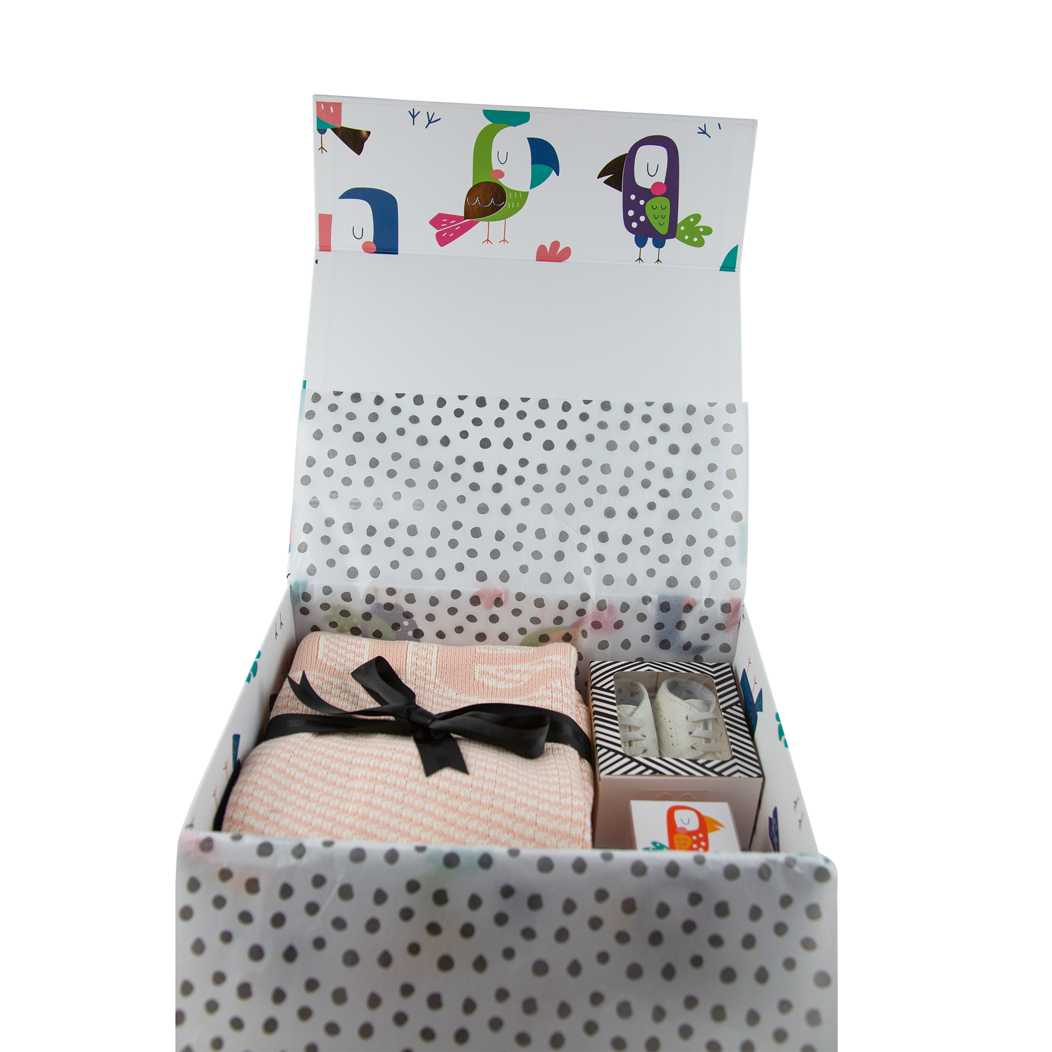Luxury baby gift box with soft blanket, tiny shoes, and pacifier-shaped candy to match pink or blue theme — perfect for newborn celebrations and baby showers.