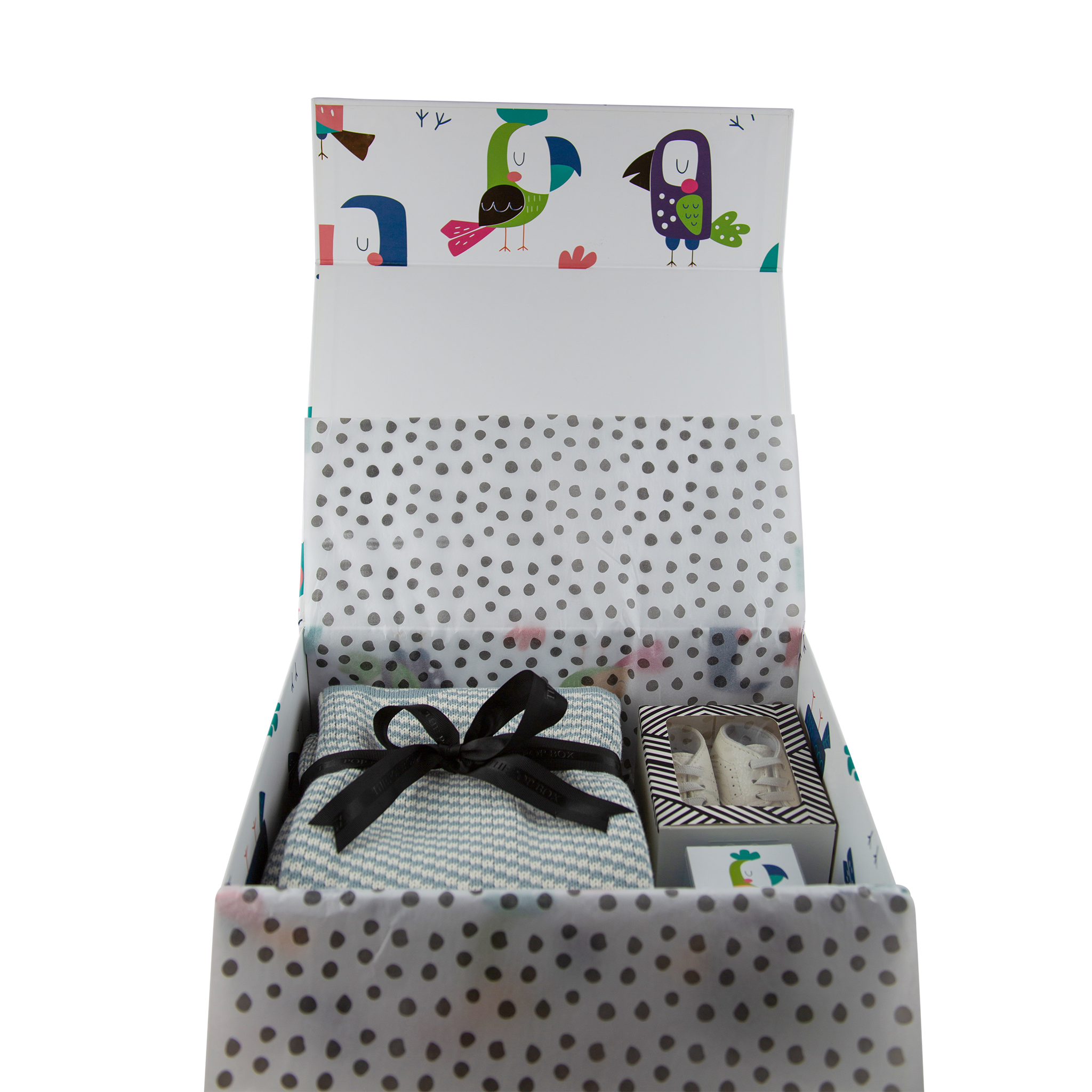 Luxury baby gift box with soft blanket, tiny shoes, and pacifier-shaped candy to match pink or blue theme — perfect for newborn celebrations and baby showers.