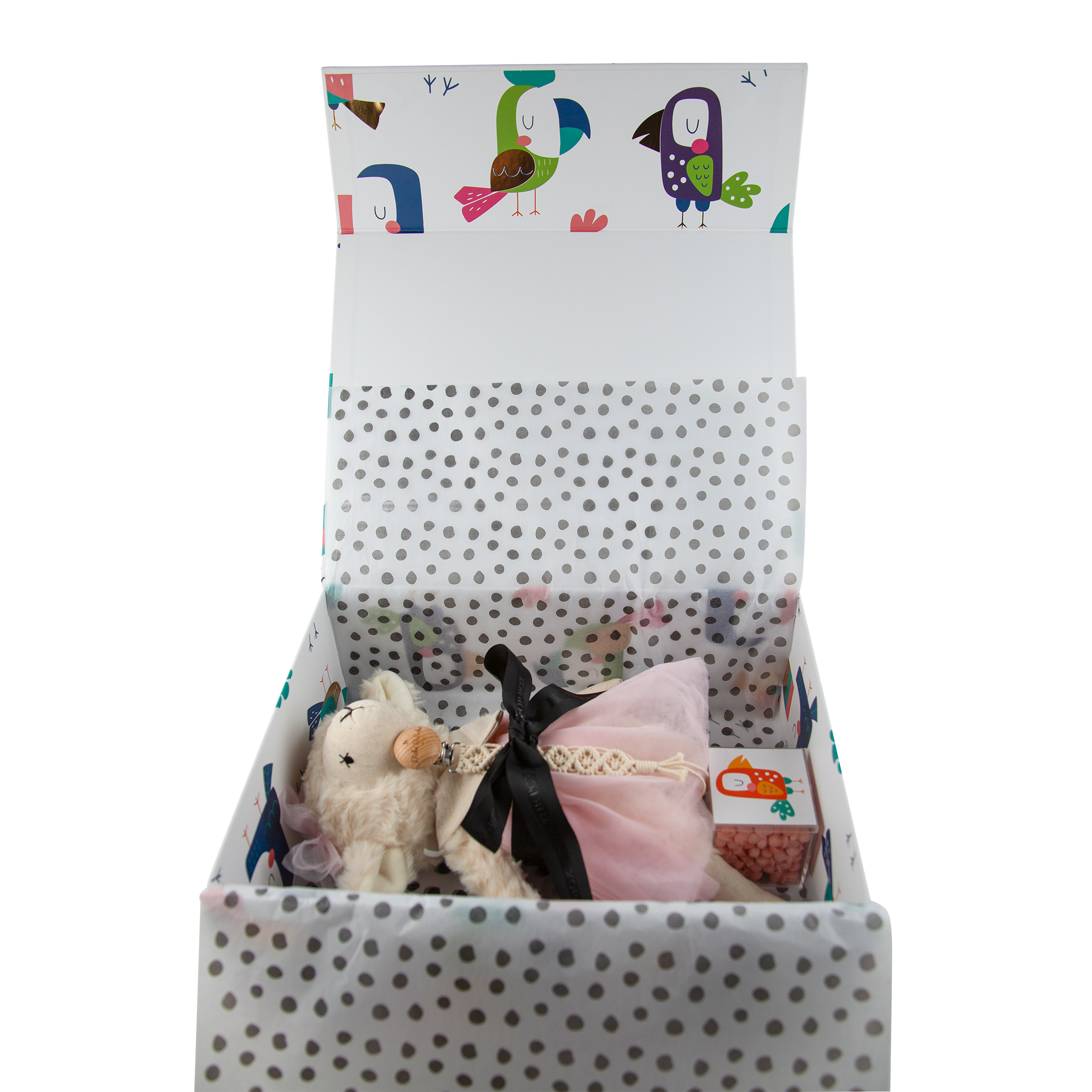 Luxury baby gift box with soft blanket, tiny shoes, and pacifier-shaped candy to match pink or blue theme — perfect for newborn celebrations and baby showers.
